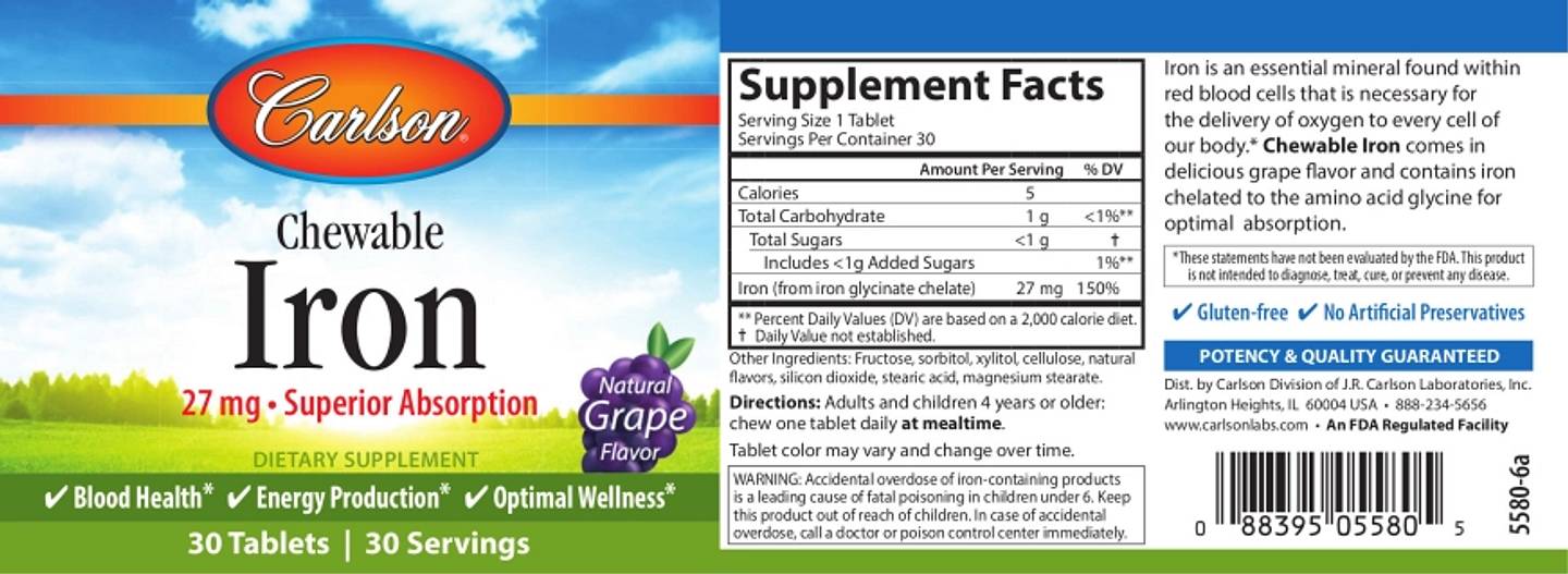 Carlson, Chewable Iron, Natural Grape label