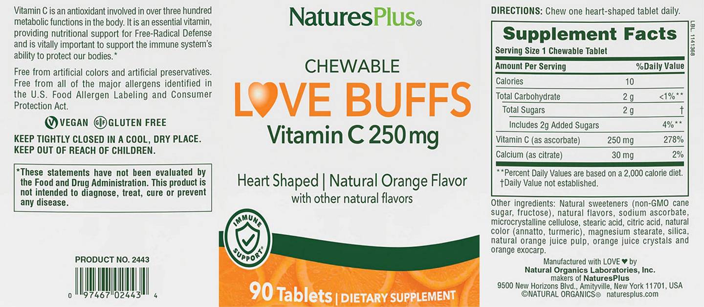 NaturesPlus, Chewable Love Buffs, Vitamin C, Natural Orange label