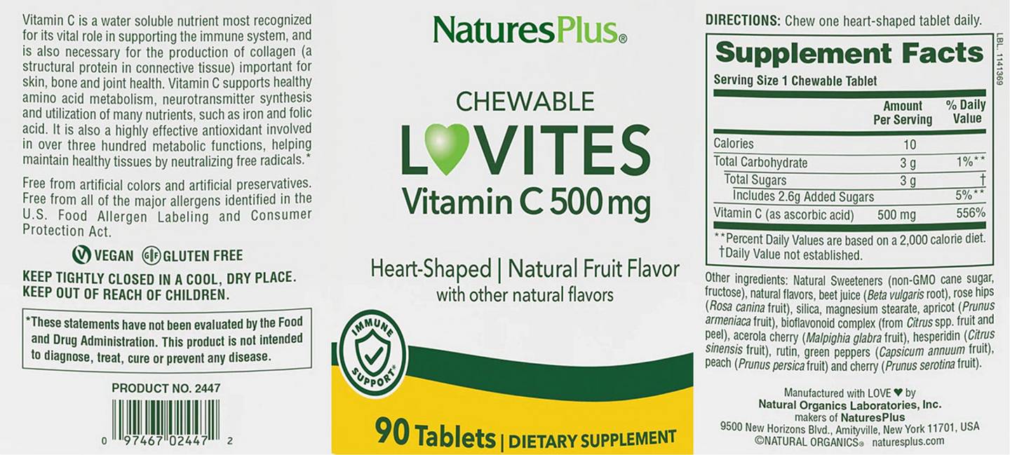 NaturesPlus, Chewable Lovites, Vitamin C, Natural Fruit label