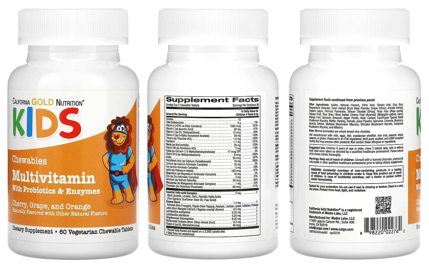 California Gold Nutrition, Chewable Multivitamins with Probiotics & Enzymes for Children packaging