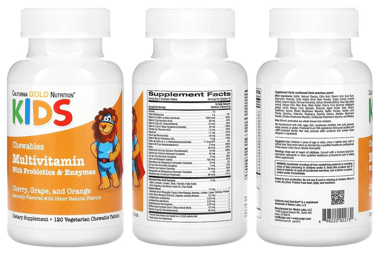 California Gold Nutrition, Chewable Multivitamins with Probiotics & Enzymes for Children packaging