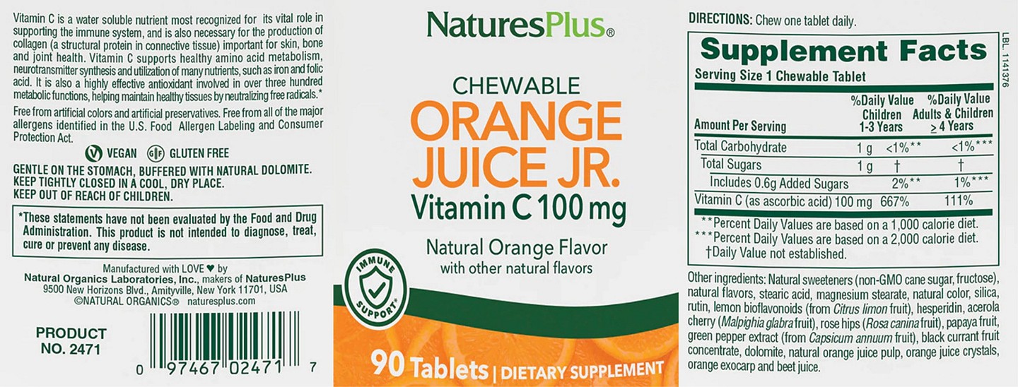 NaturesPlus, Chewable Orange Juice Jr label