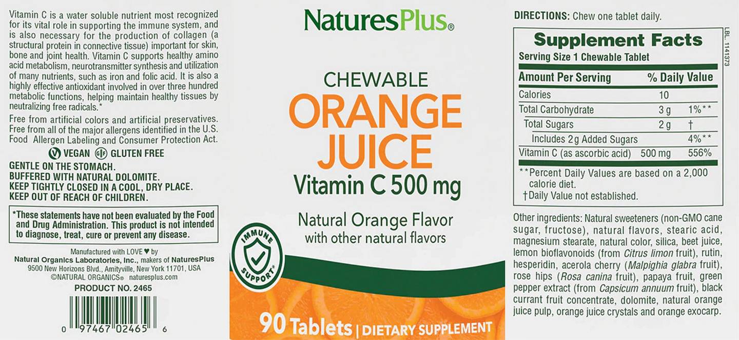 NaturesPlus, Chewable Orange Juice Vitamin C label