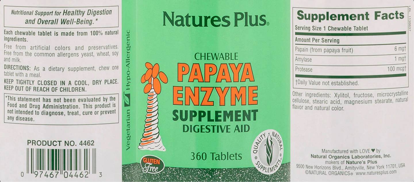 NaturesPlus, Chewable Papaya Enzyme Supplement label