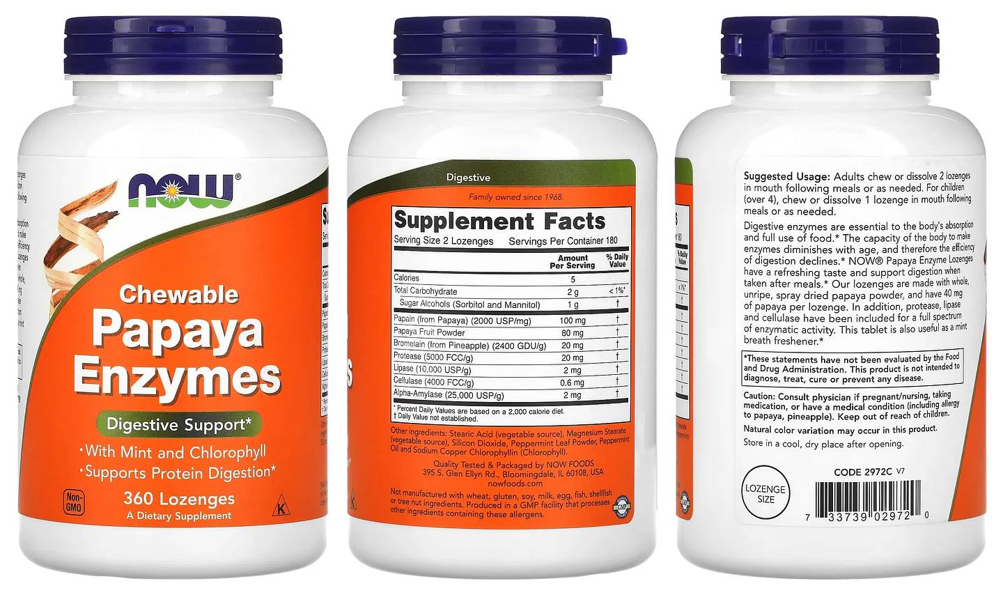 NOW Foods, Chewable Papaya Enzymes packaging