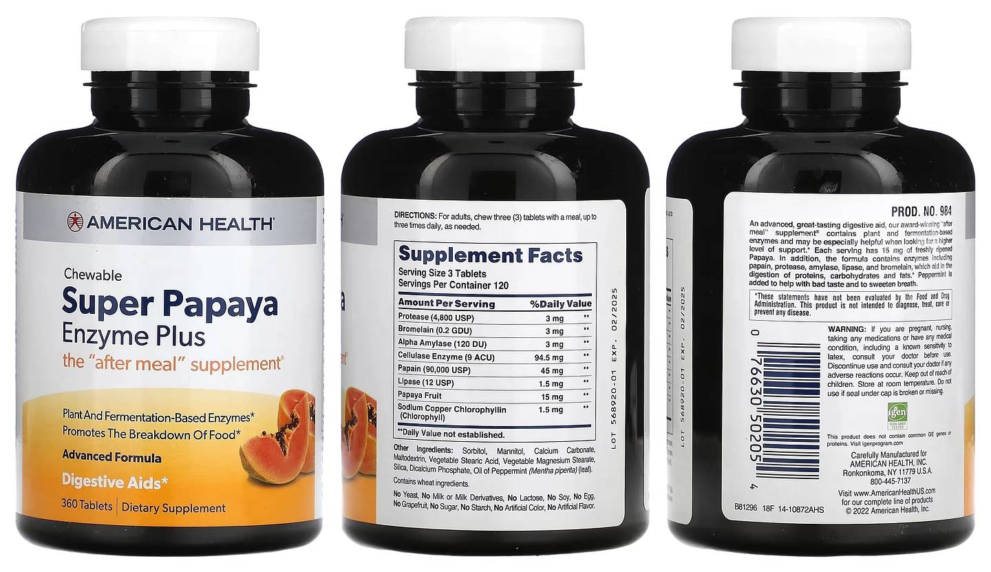 American Health, Chewable Super Papaya Enzyme Plus packaging