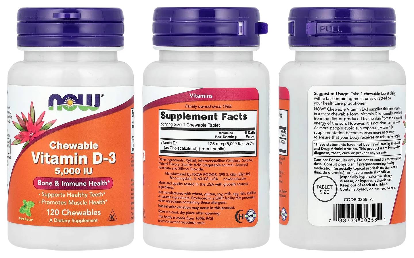 NOW Foods, Chewable Vitamin D-3 packaging