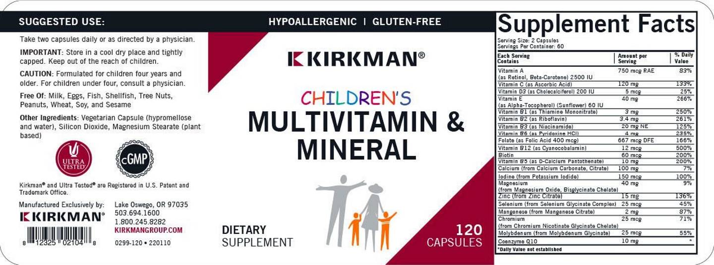 Kirkman Labs, Children's Multivitamin & Mineral label