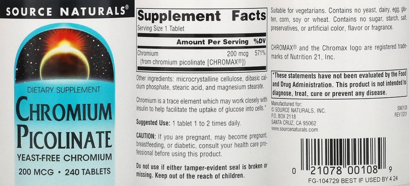 Source Naturals, Chromium Picolinate label