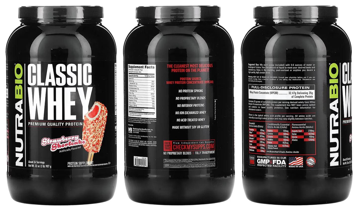 NutraBio, Classic Whey Protein, Strawberry Shortcake packaging