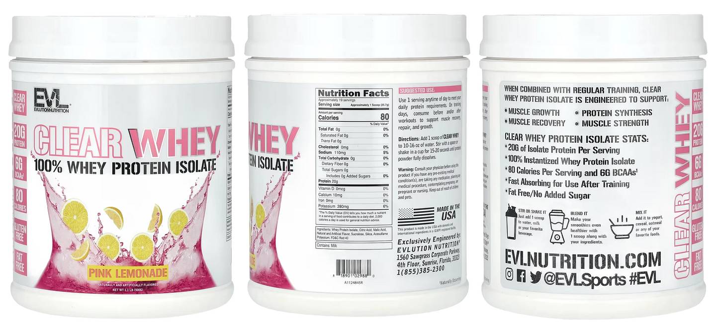 EVLution Nutrition, Clear Whey, 100% Whey Protein Isolate, Pink Lemonade packaging