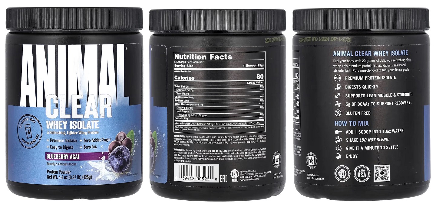 Animal, Clear Whey Isolate, Blueberry Acai packaging