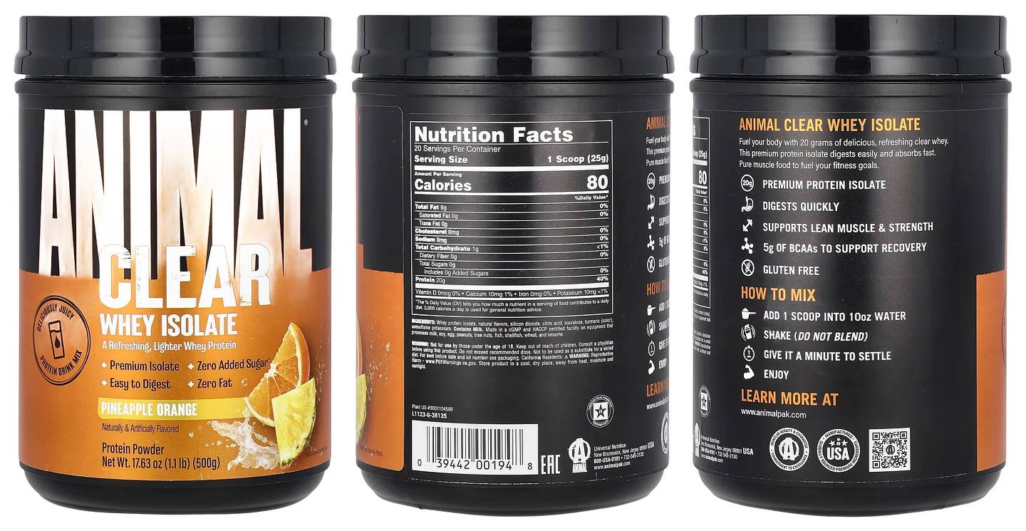 Animal, Clear Whey Isolate, Pineapple Orange packaging