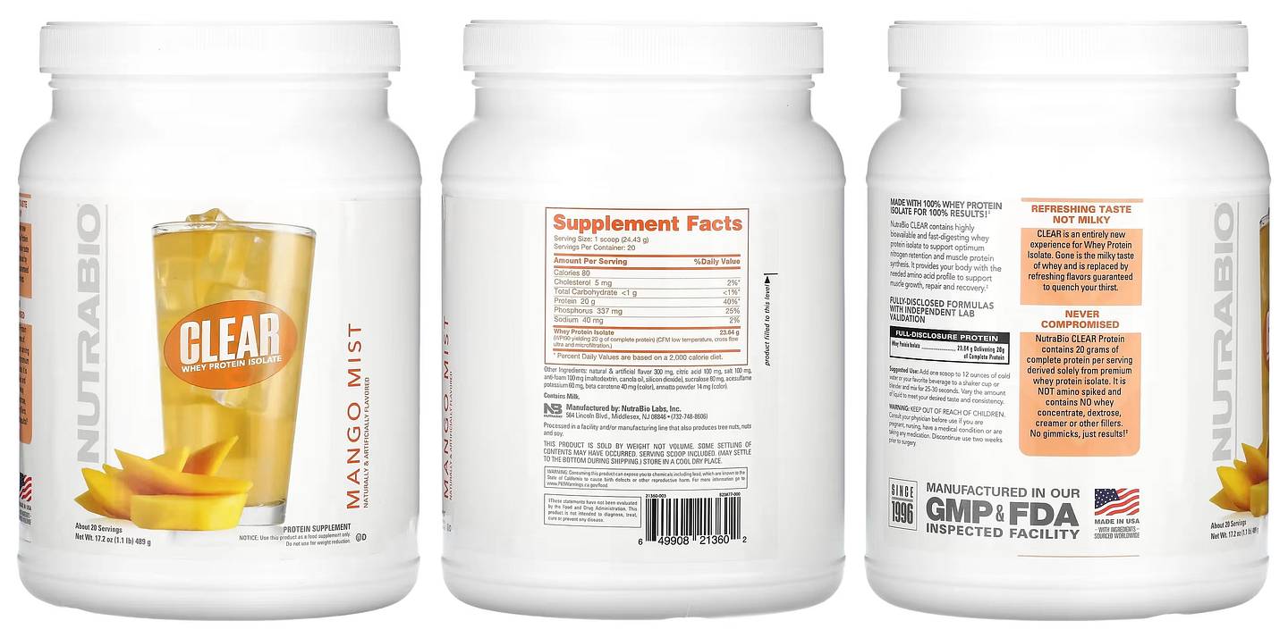 NutraBio, Clear Whey Protein Isolate, Mango Mist packaging