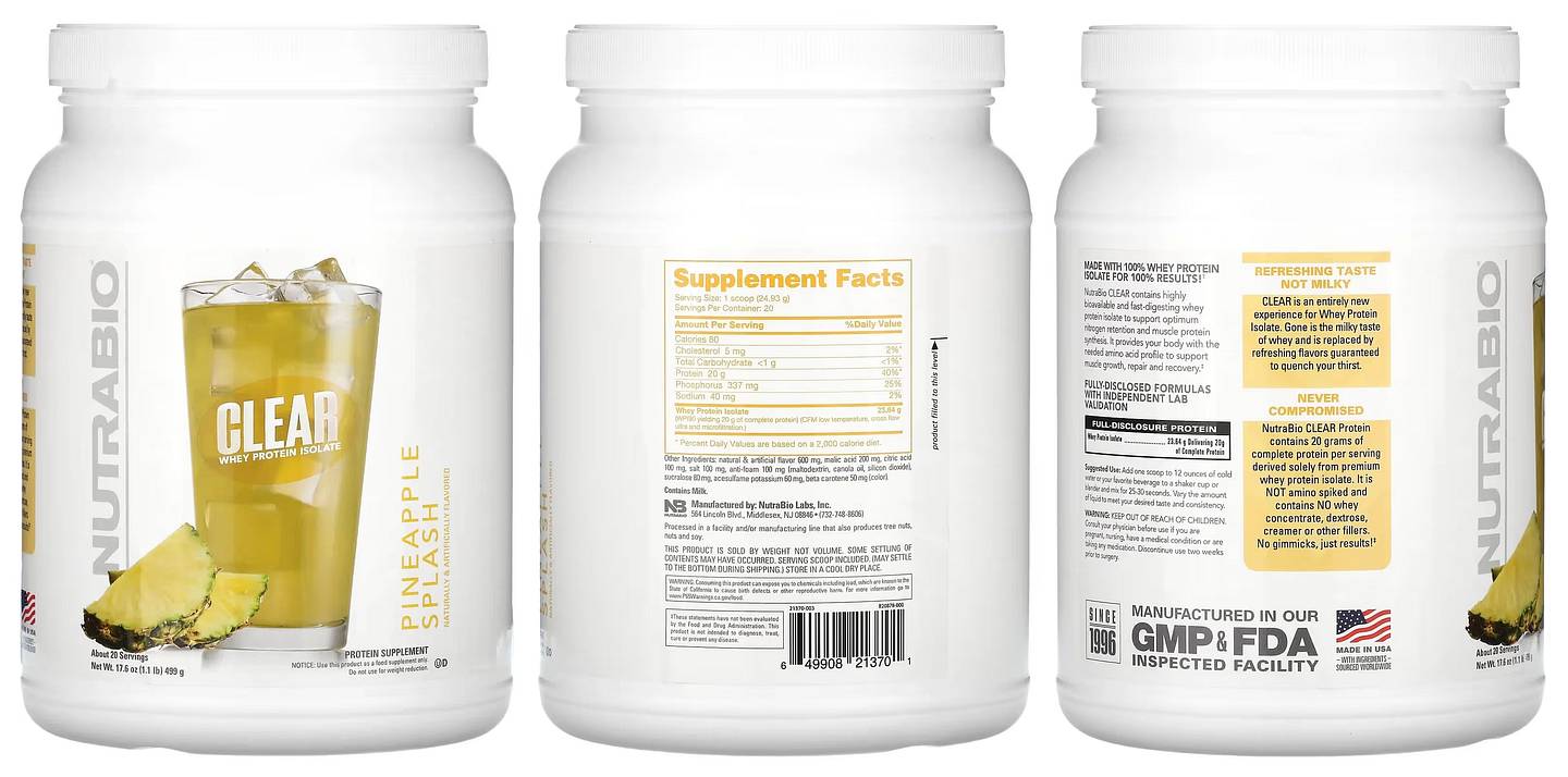 NutraBio, Clear Whey Protein Isolate, Pineapple Splash packaging