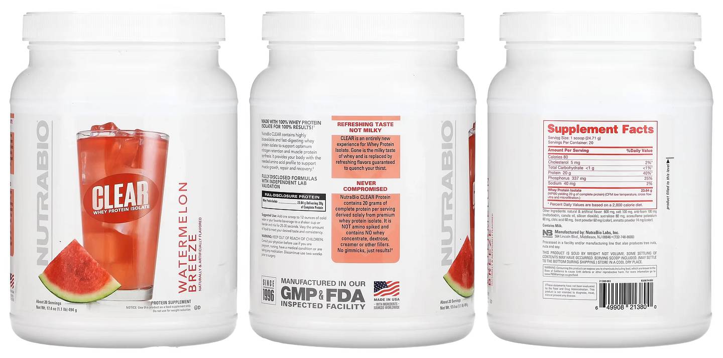 NutraBio, Clear Whey Protein Isolate, Watermelon Breeze packaging