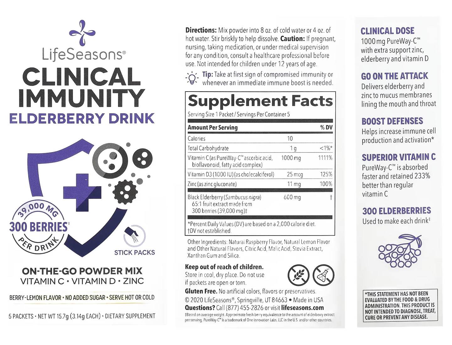 LifeSeasons, Clinical Immunity Elderberry Drink Mix, Berry-Lemon packaging