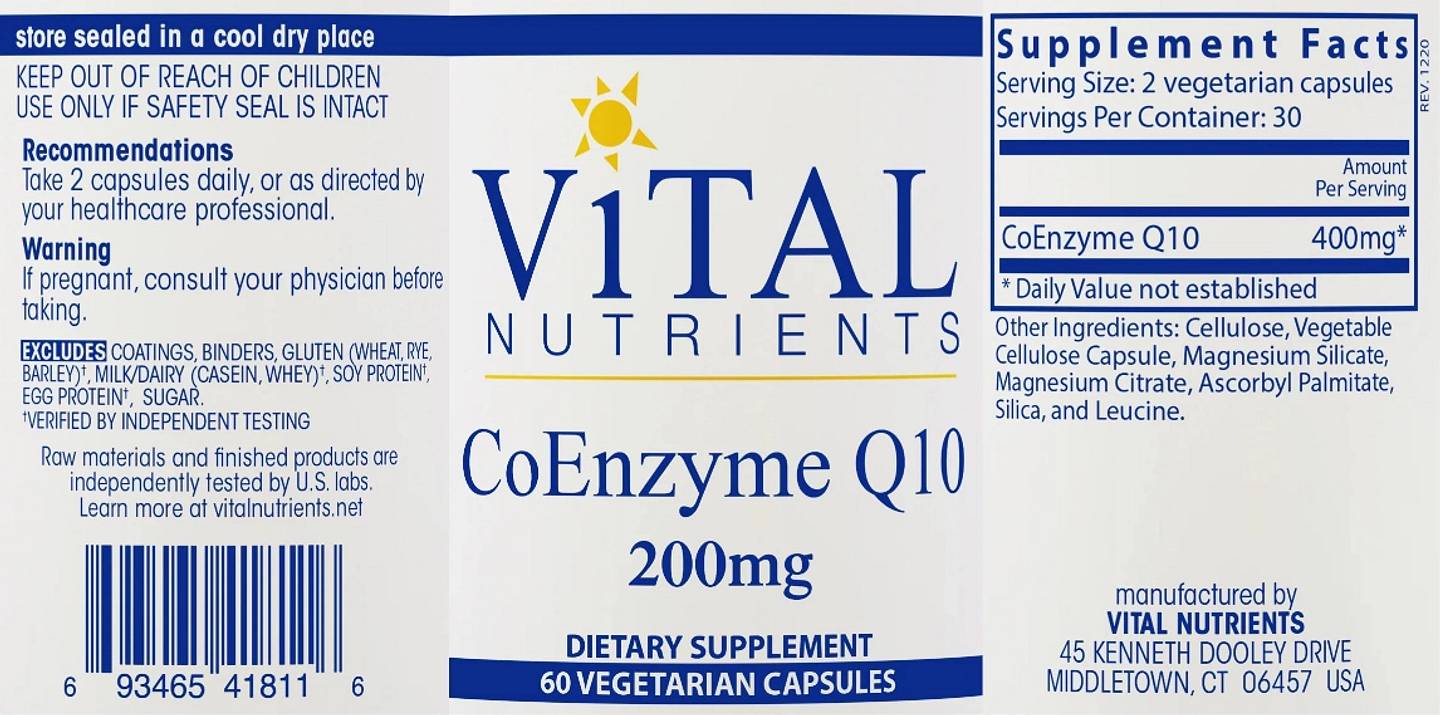 Vital Nutrients, Coenzyme Q10 label