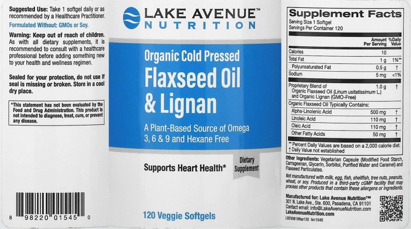 Lake Avenue Nutrition, Cold Pressed Flaxseed Oil with Lignans label