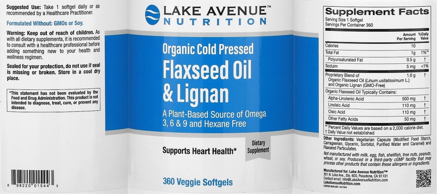 Lake Avenue Nutrition, Cold Pressed Flaxseed Oil with Lignans label