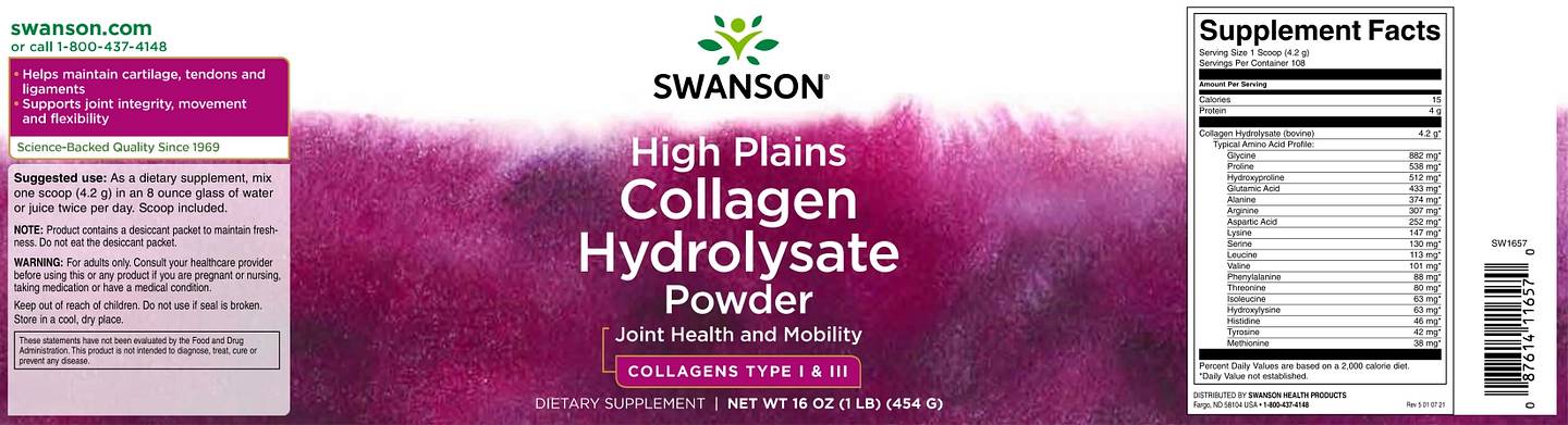 Swanson, Collagen Hydrolysate Powder label