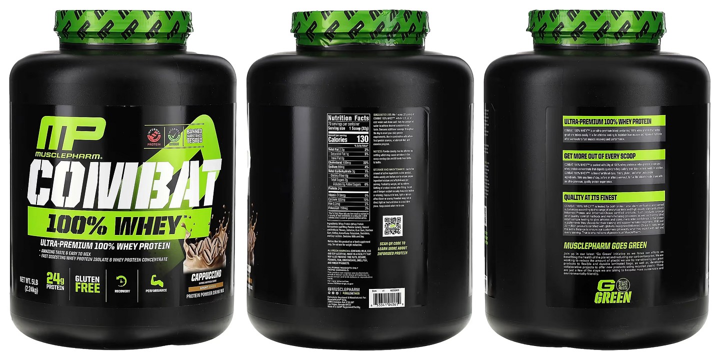 MusclePharm, Combat 100% Whey Protein, Cappuccino packaging