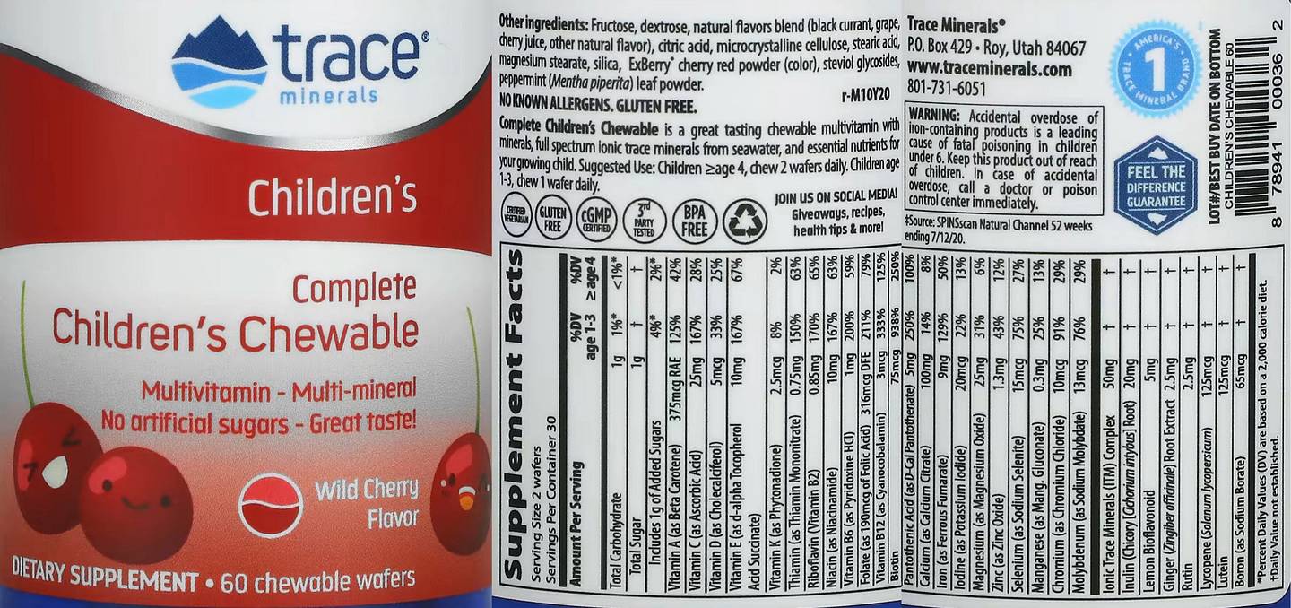 Trace Minerals, Complete Multi Children's Chewable, Wild Cherry label