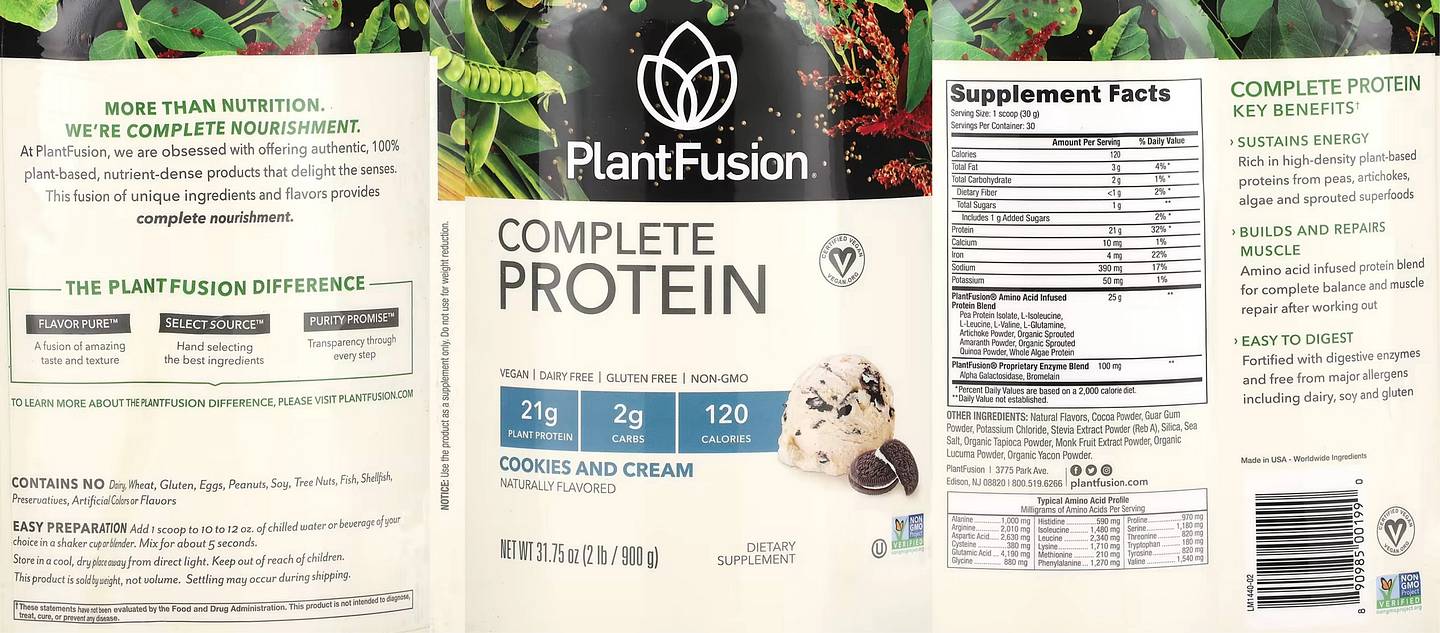 PlantFusion, Complete Protein, Cookies and Cream label