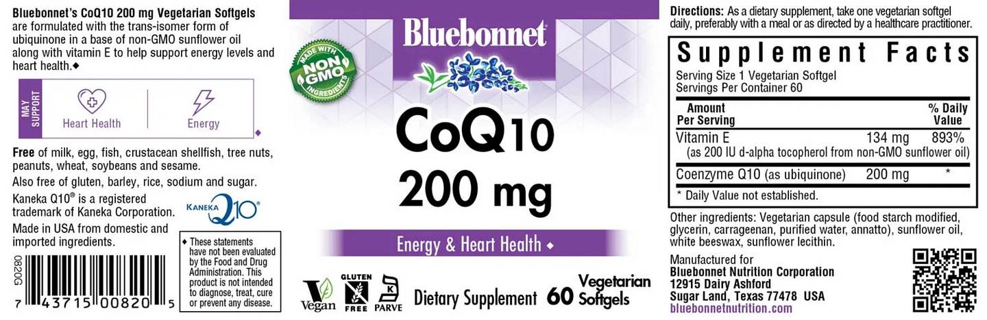 Bluebonnet Nutrition, CoQ10 label