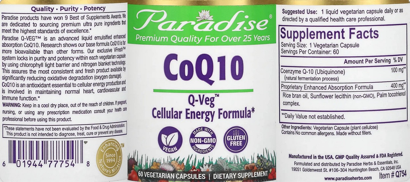 Paradise Herbs, CoQ10 label