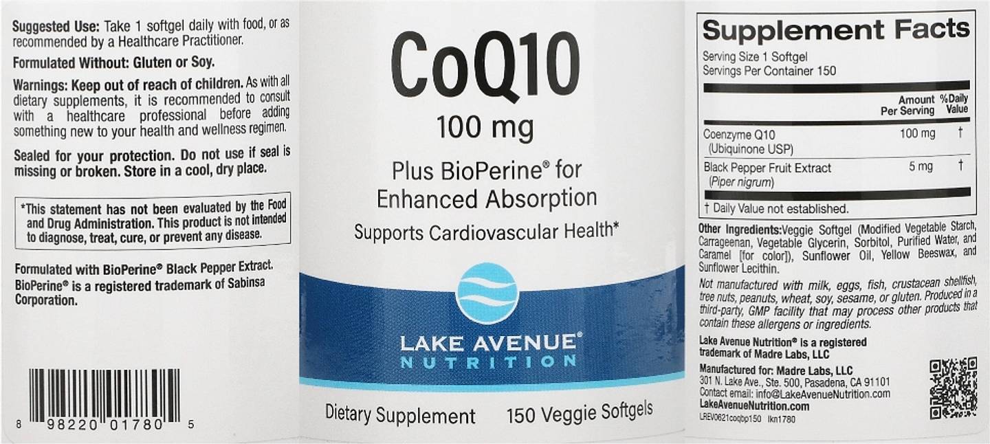 Lake Avenue Nutrition, CoQ10 with Bioperine label
