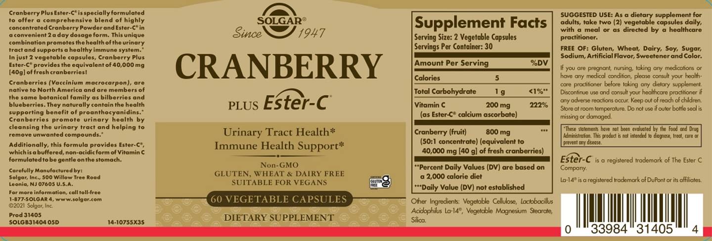 Solgar, Cranberry Plus Ester-C label