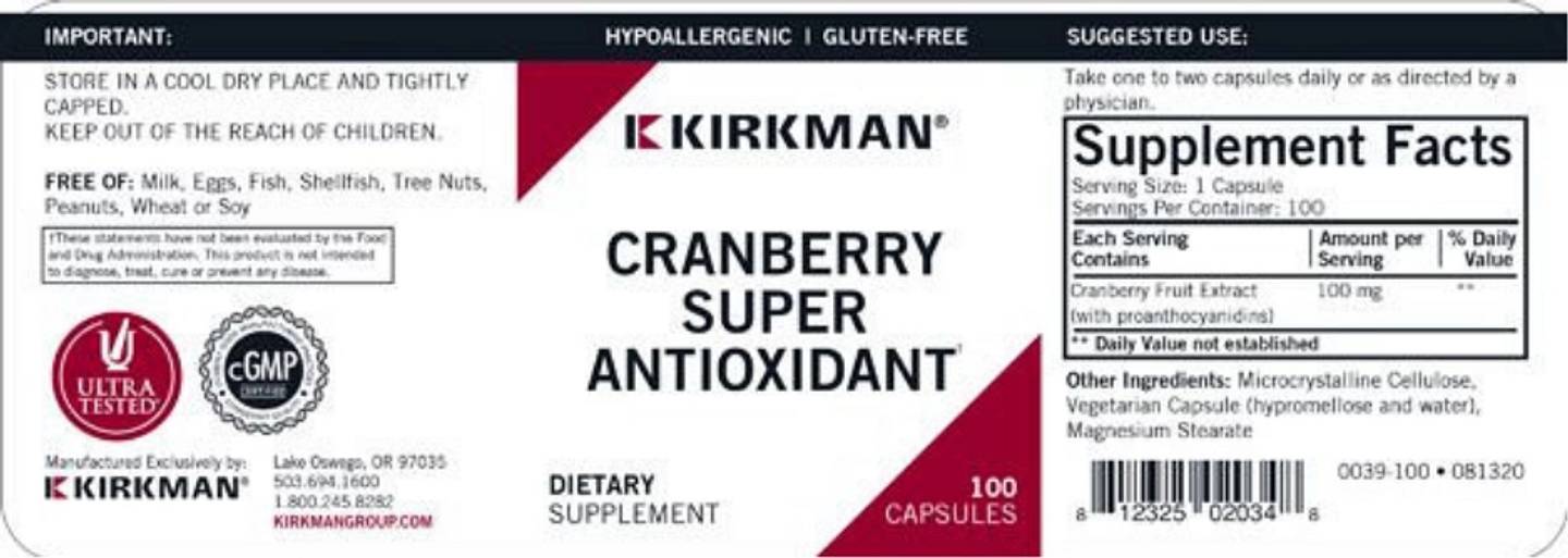 Kirkman Labs, Cranberry Super Antioxidant label