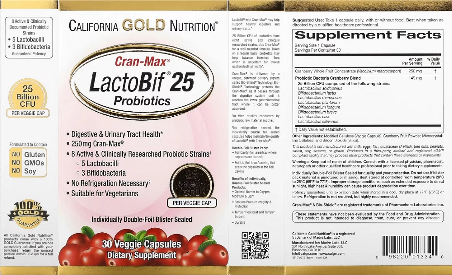 California Gold Nutrition, CranMax® LactoBif Probiotics label