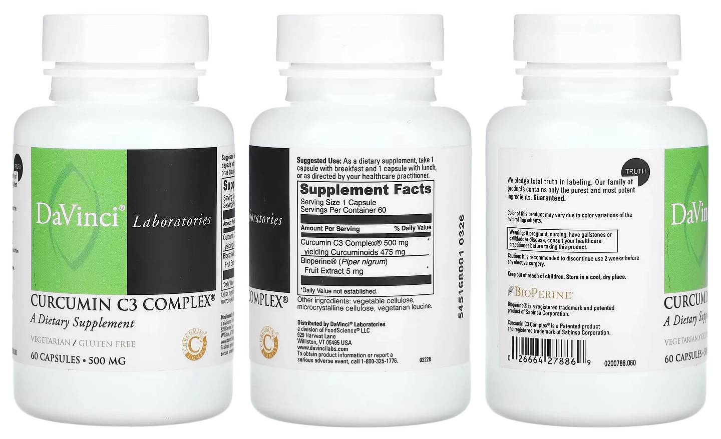 DaVinci Laboratories of Vermont, Curcumin C3 Complex packaging