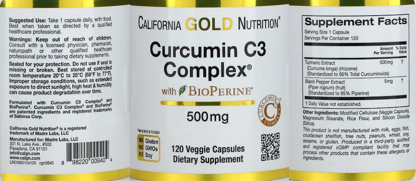 California Gold Nutrition, Curcumin C3 Complex with BioPerine label