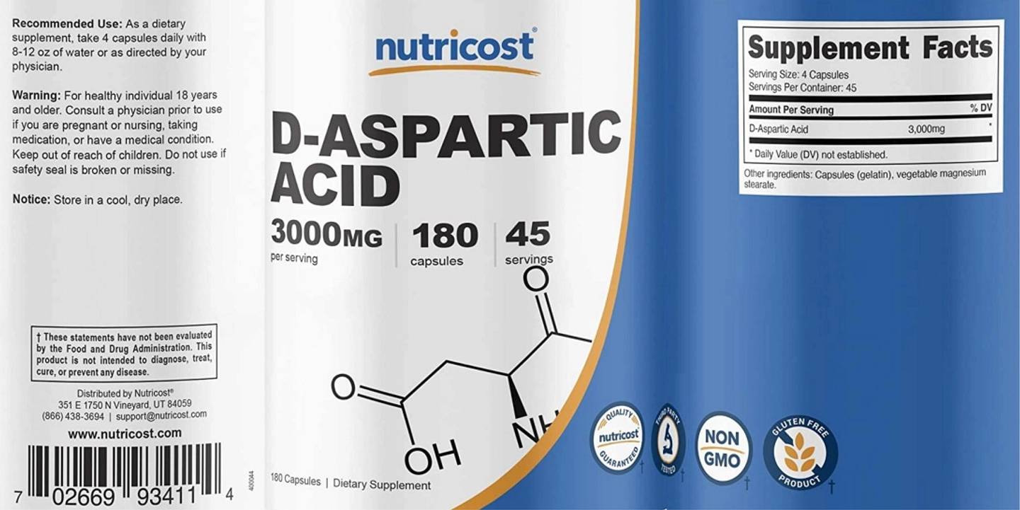 Nutricost, D-Aspartic Acid label