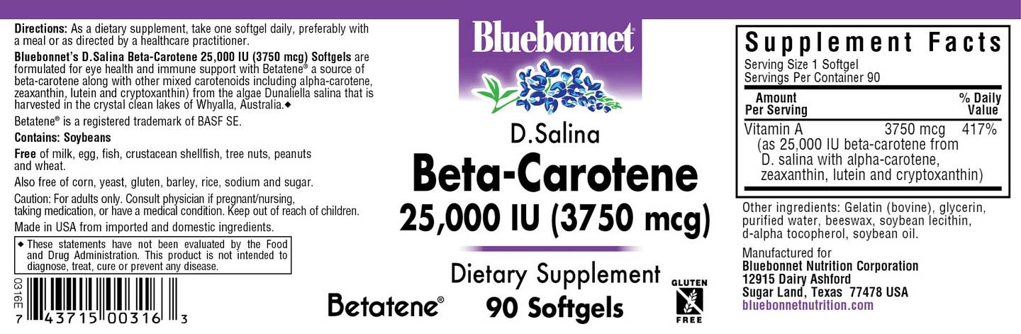 Bluebonnet Nutrition, D. Salina Beta-Carotene label