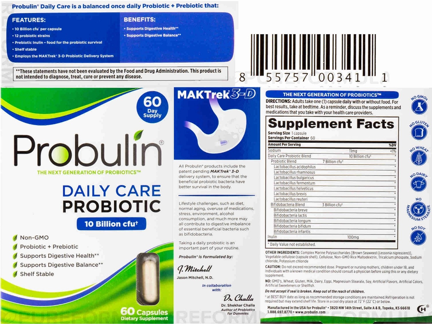 Probulin, Daily Care Probiotic label