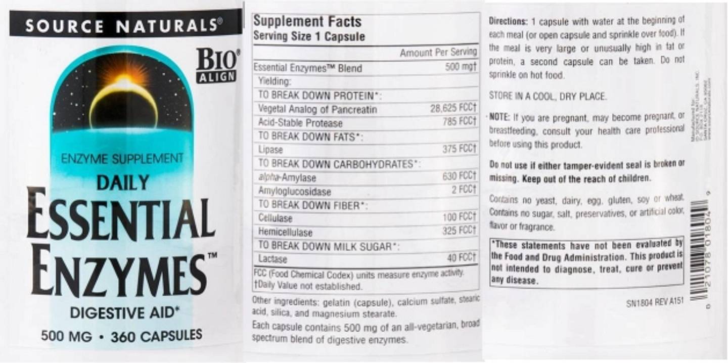 Source Naturals, Daily Essential Enzymes label