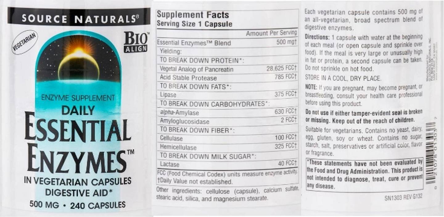 Source Naturals, Daily Essential Enzymes label