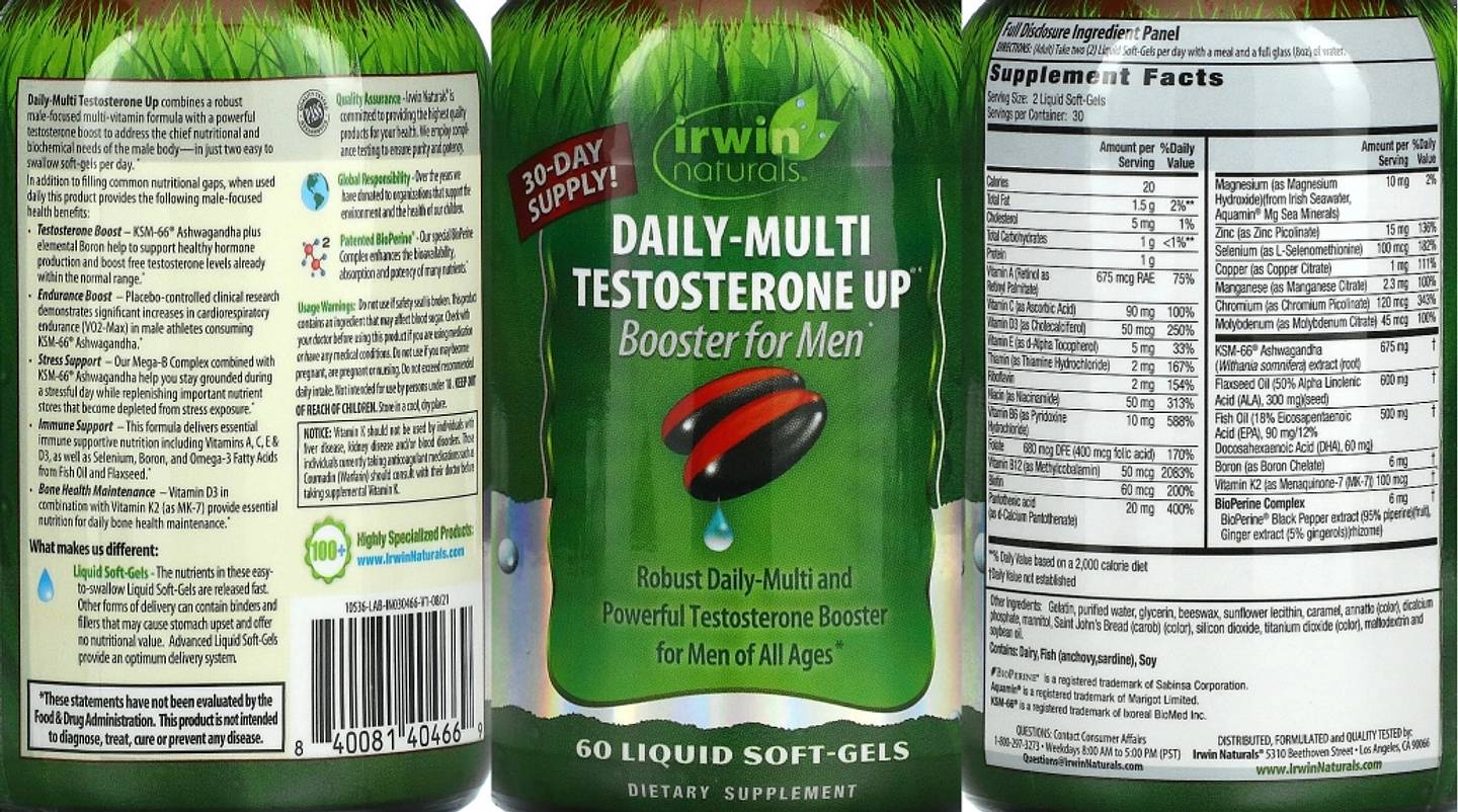 Irwin Naturals, Daily-Multi Testosterone Up Booster For Men label