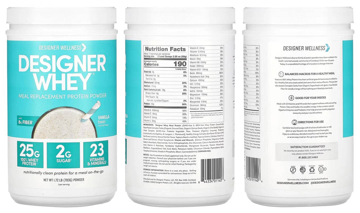 Designer Wellness, Designer Whey, Meal Replacement Protein Powder, Vanilla Bean packaging