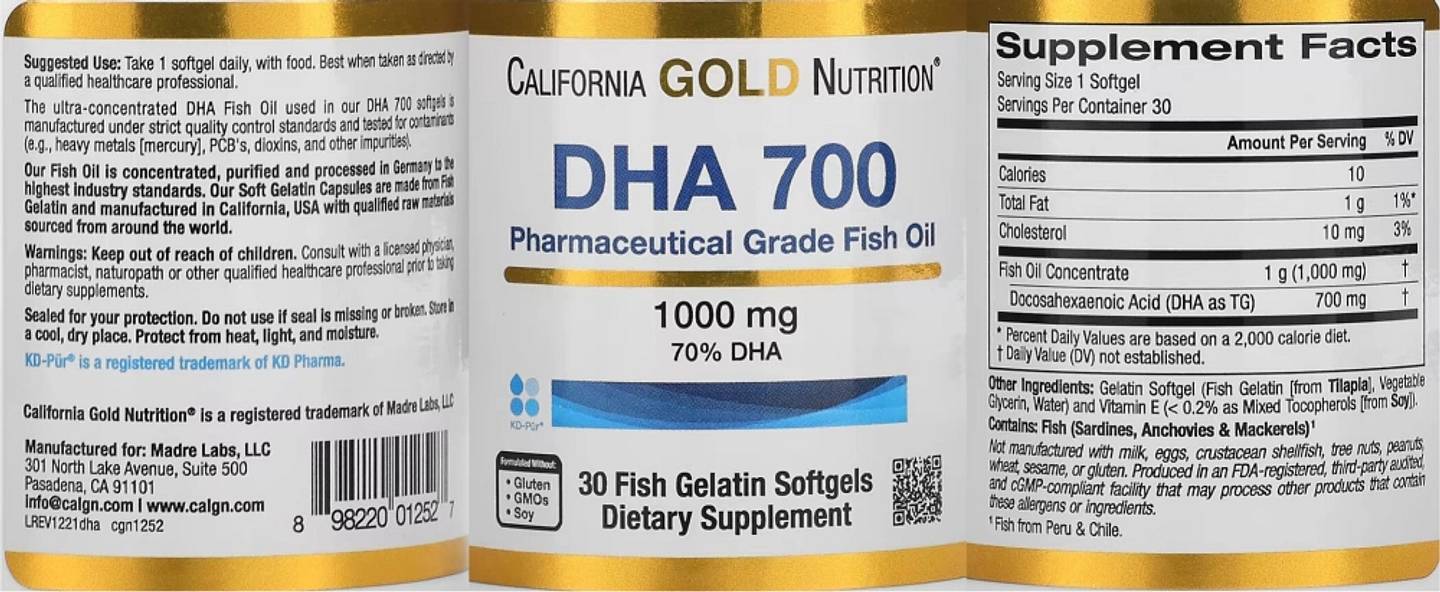 California Gold Nutrition, DHA 700 Fish Oil, Pharmaceutical Grade, 1,000 mg label