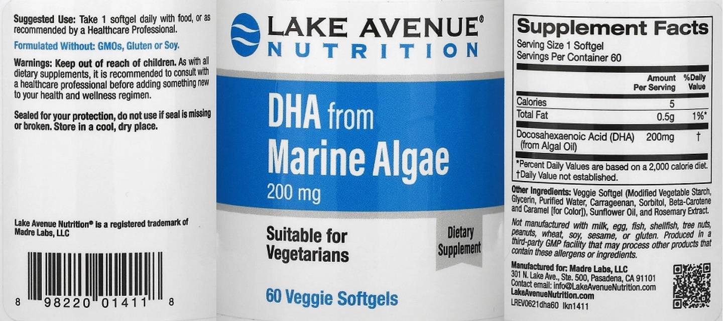 Lake Avenue Nutrition, DHA from Marine Algae label