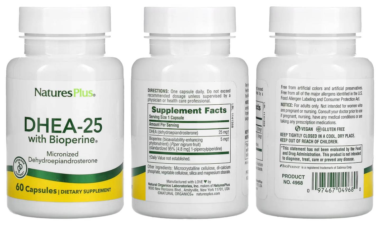 NaturesPlus, DHEA-25 with Bioperine packaging