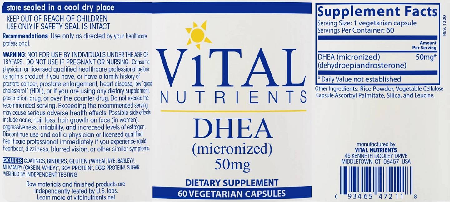 Vital Nutrients, DHEA (Micronized) label