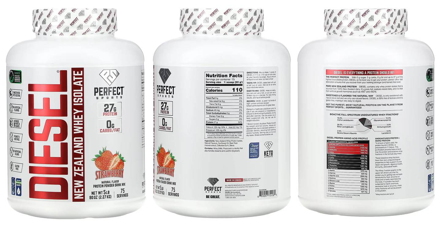 Perfect Sports, Diesel, New Zealand Whey Isolate, Strawberry packaging