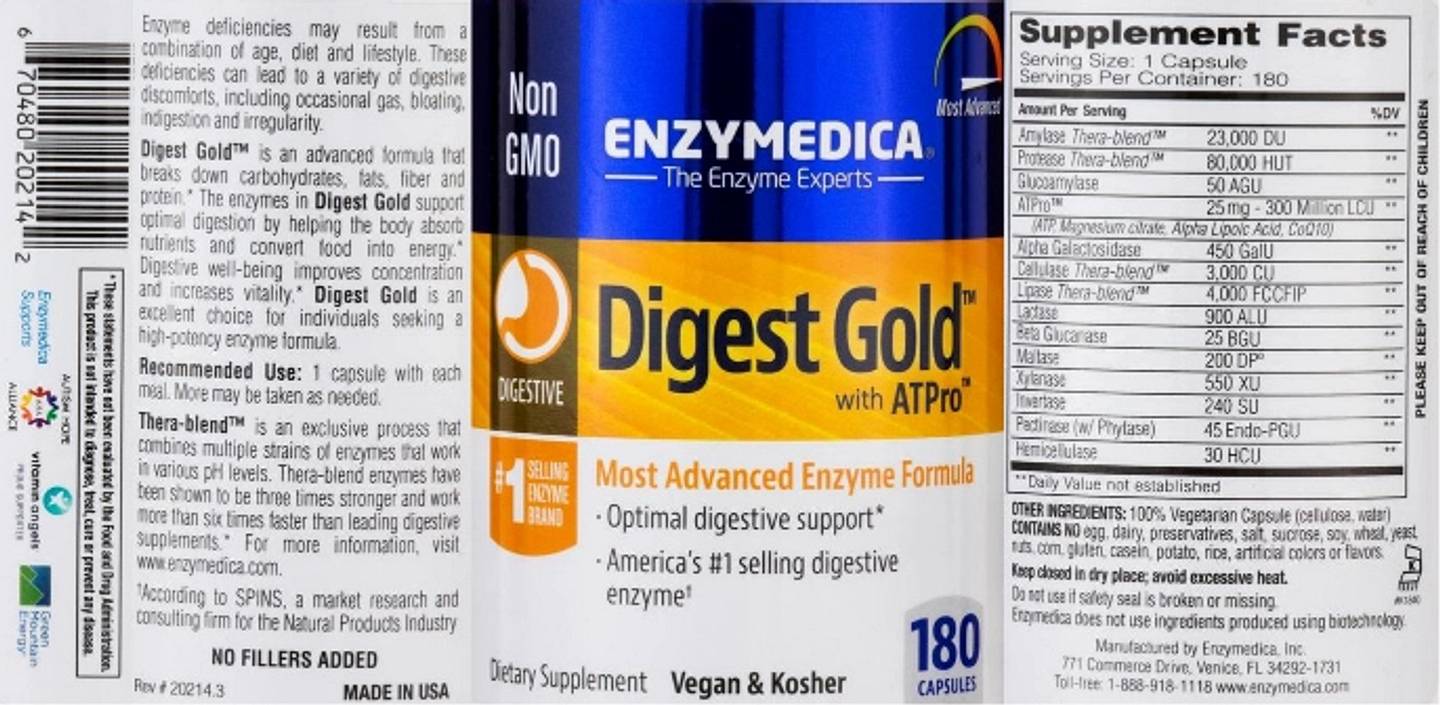 Enzymedica, Digest Gold with ATPro label