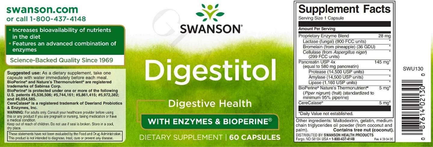 Swanson, Digestitol with Enzymes & Bioperine label